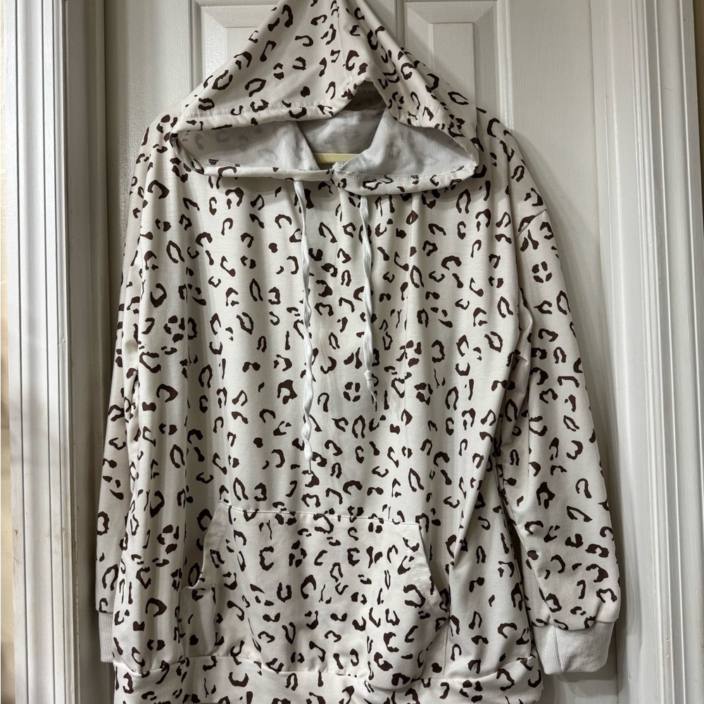 SHEIN White and Brown Leopard Print Hoodie Sweater